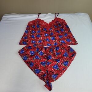 Vintage Escapades Size L 2 Piece Lingerie Red Floral Satin Cami Shorts Set